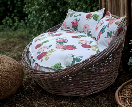 Cama mimbre ovalada color café con mini cojines de apoyo.