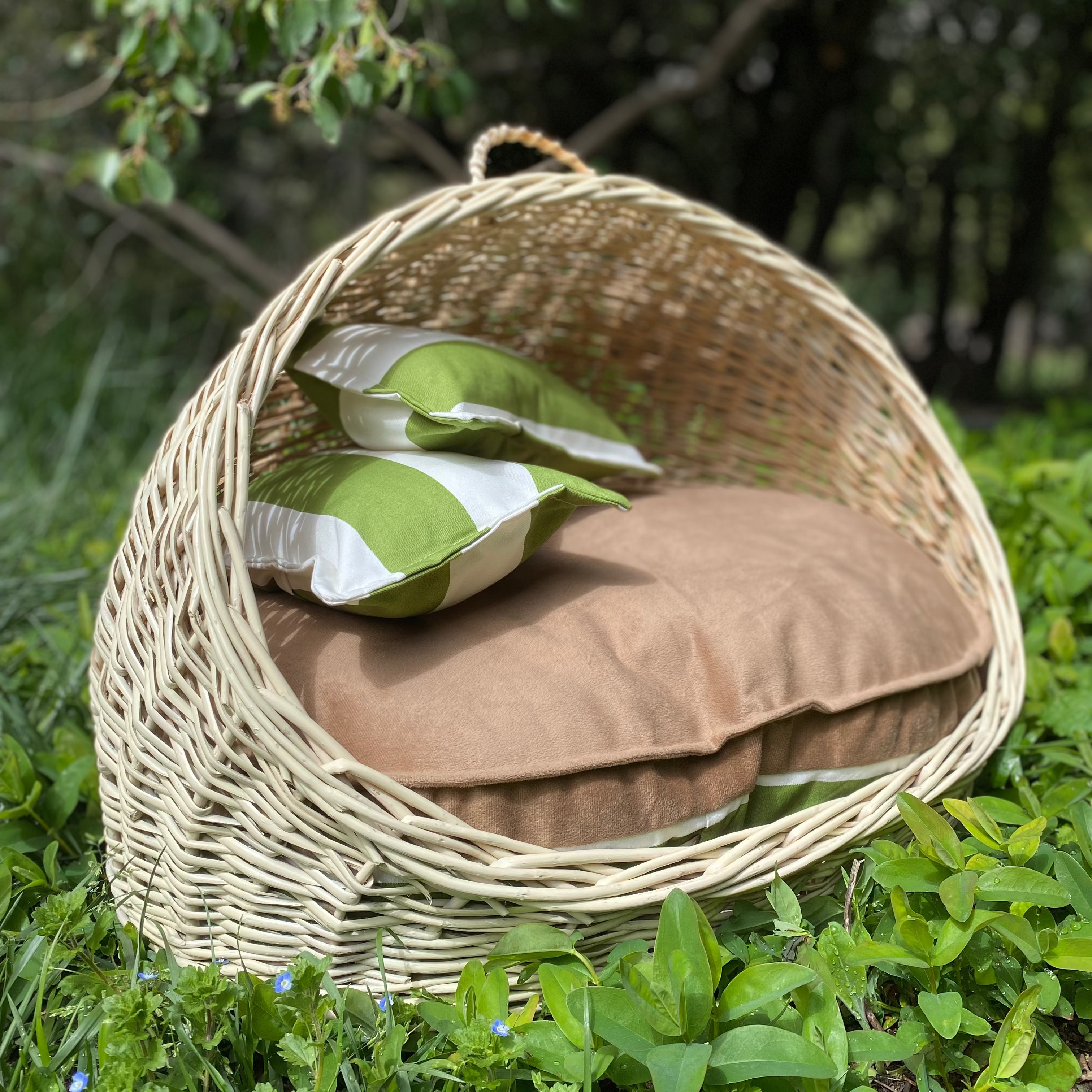 Cama de mimbre pequeña ovalada con techo