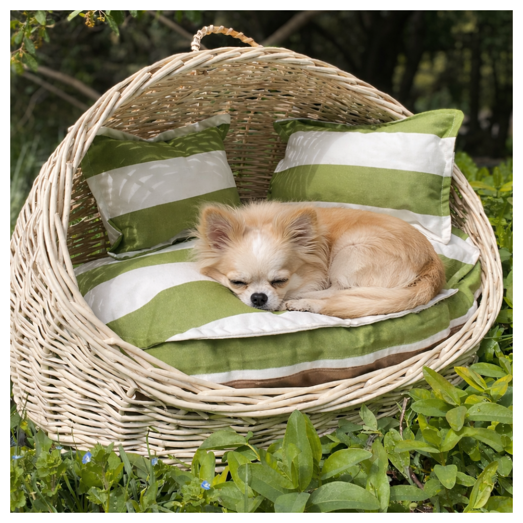 Cama de mimbre pequeña ovalada con techo